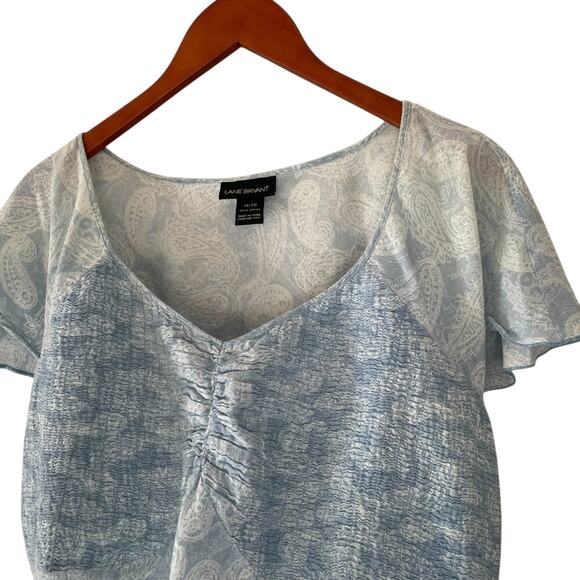 Lane Bryant Pale Blue Paisley Boho Short Ruffle Sleeve Top/Blouse Ruched, 18/20 - Picture 2 of 13